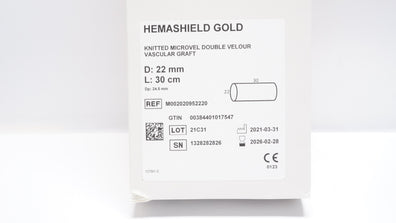 Getinge M002020952220 Hemshield Gold Knitted Microvel Dbl Velour Vascular Graft